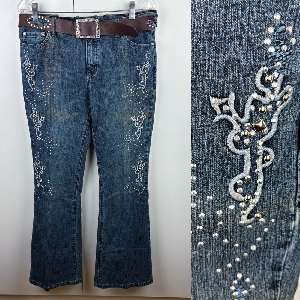 Y2K Vintage Low Rise Boot Cut Studded Belted Jeans McBling Bratz Baddie Blue
